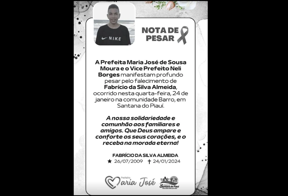 Nota de pesar da Prefeitura de Santana do Piauí sobre morte de adolescente esmagado por trator