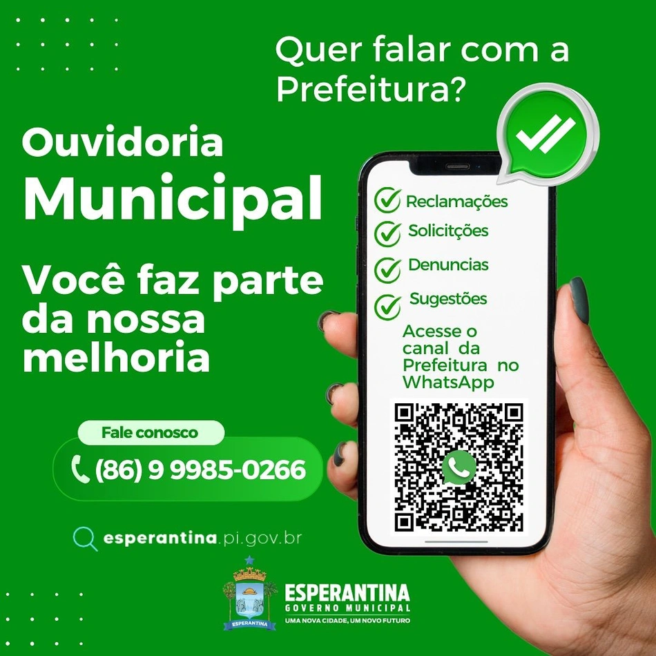 Prefeitura de Esperantina atualiza número de WhatsApp para Ouvidoria