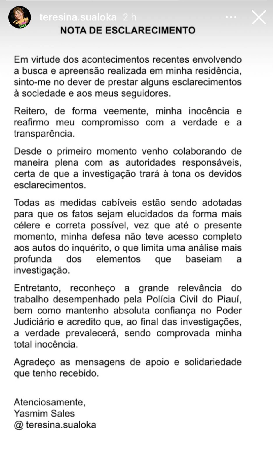 Nota de esclarecimento de Yasmin Sales
