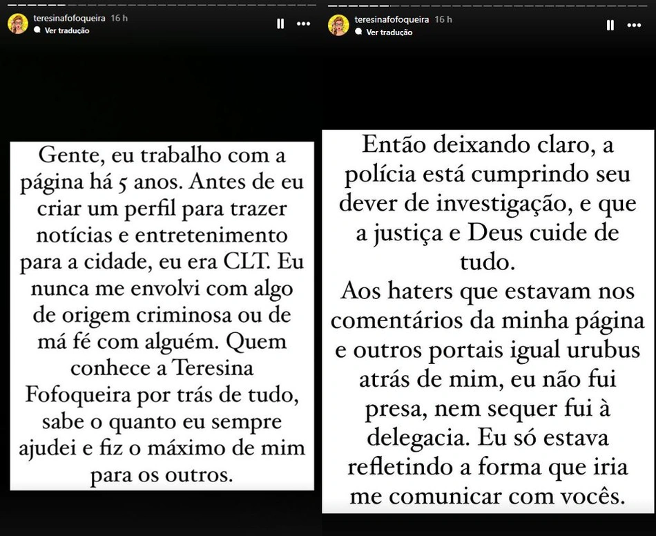 Stories de Teresina Fofoqueira sobre a operação