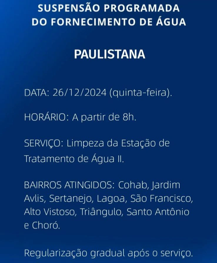 O fornecimento de água na cidade de Paulistana será interrompido nesta quinta-feira (26).