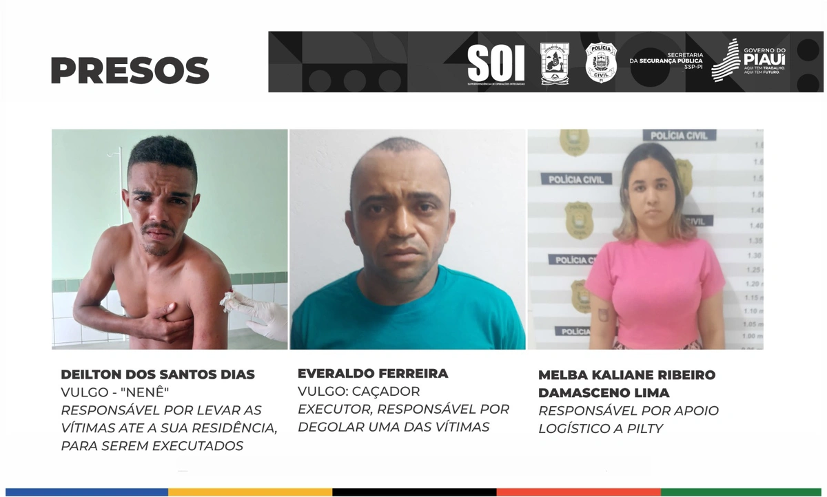 Acusados presos, Everaldo Ferreira, vulgo Caçador; Deilton dos Santos Dias, vulgo Neném; e Melba Kaliane Ribeiro Damasceno