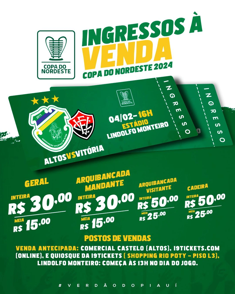 Altos inicia venda de ingressos contra o Vitória pela Copa do Nordeste