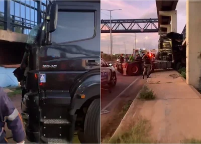 Carreta ficou presa na passarela após tentar desviar de ciclista