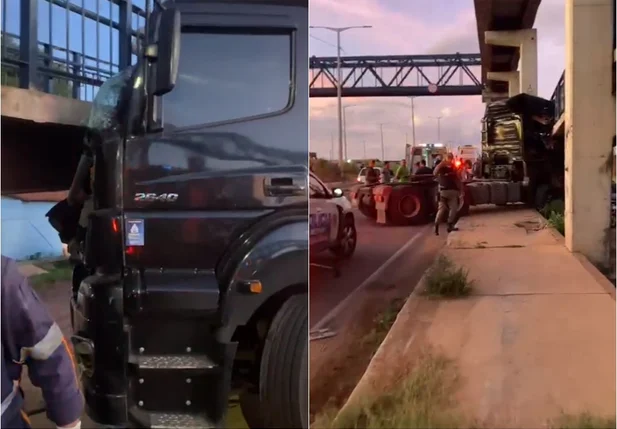 Carreta ficou presa na passarela após tentar desviar de ciclista