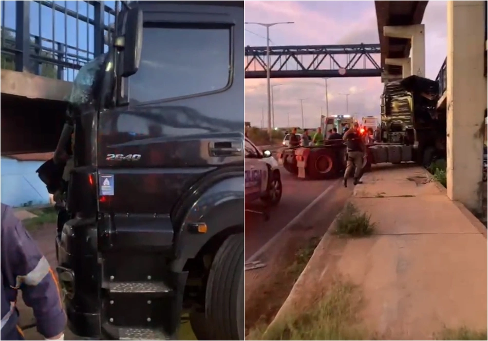 Carreta ficou presa na passarela após tentar desviar de ciclista