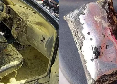 Carro queimado e bateria do celular que superaqueceu e provocou o incêndio