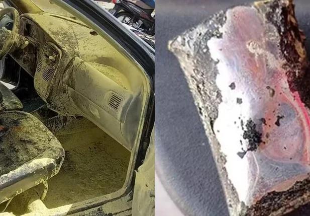 Carro queimado e bateria do celular que superaqueceu e provocou o incêndio