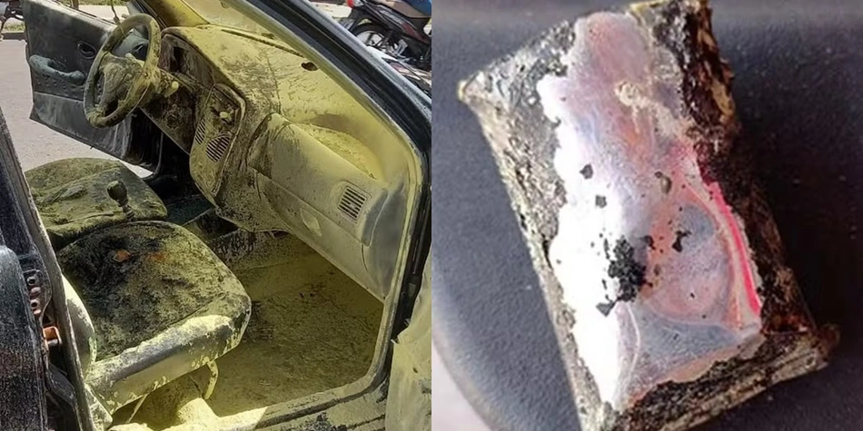 Carro queimado e bateria do celular que superaqueceu e provocou o incêndio
