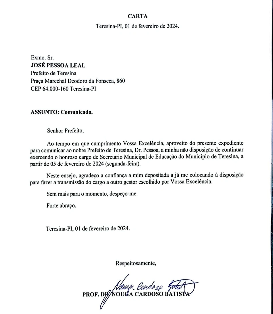 Carta apresentada por Nouga Cardoso