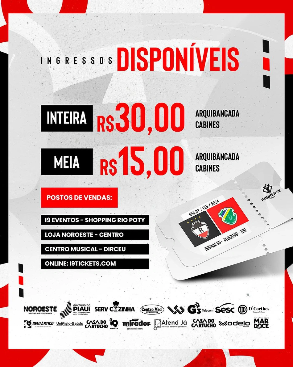 Ingressos da partida entre River e Altos pelo Piauiense 2024