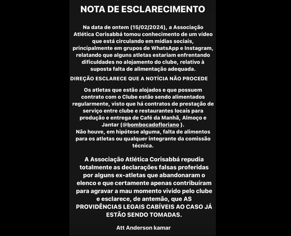 Nota de esclarecimento do presidente do Corisabbá