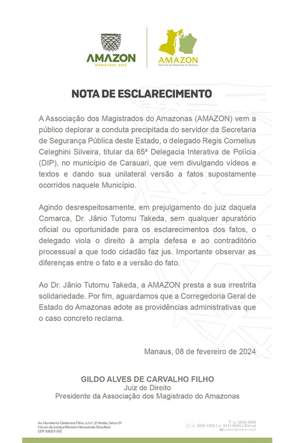 Nota em defesa do juiz Jânio Takeda