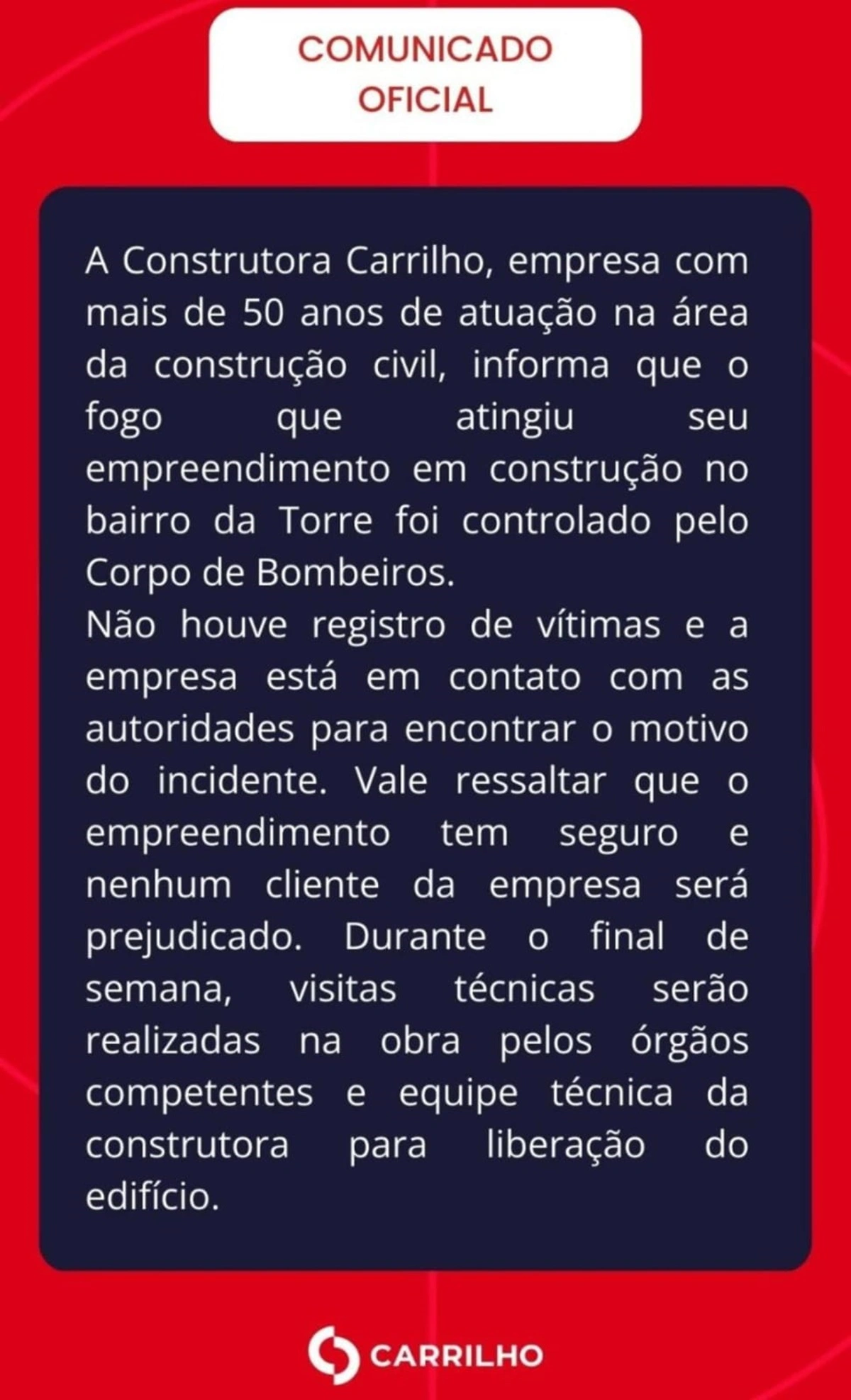 Comunicado oficial da Construtora Carrilho