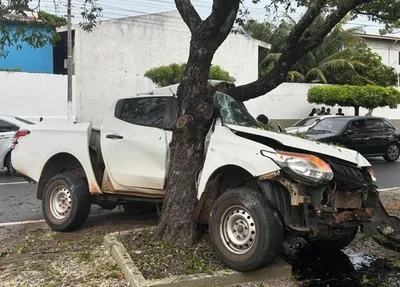 Parte dianteira da caminhonete ficou parcialmente destruída