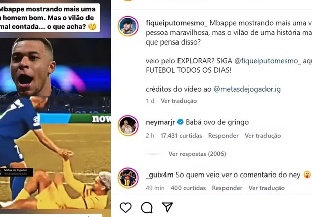 Comentário de Neymar em uma postagem elogiando Mbappé