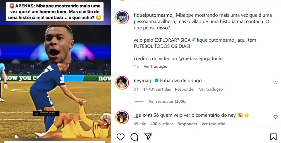 Comentário de Neymar em uma postagem elogiando Mbappé
