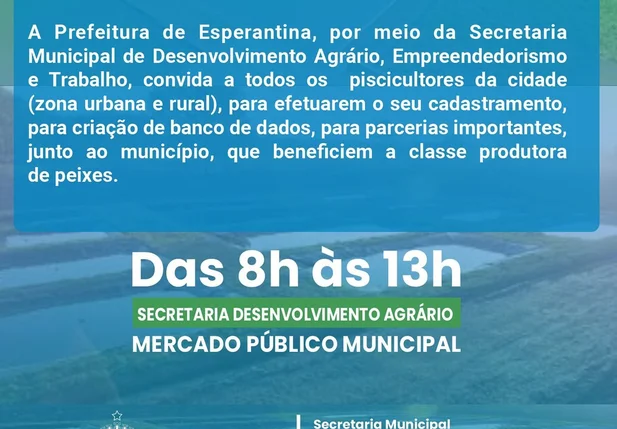 Convite para recadastramento de pisicultores em Esperantina