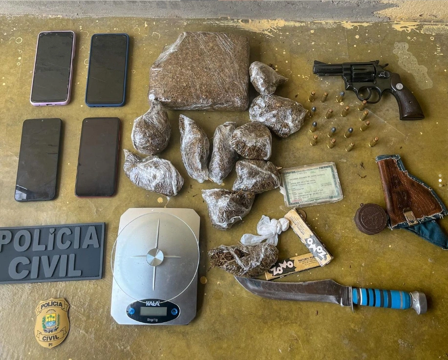 Material, drogas e arma apreendidos