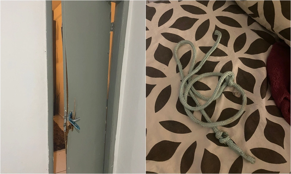 Porta arrebentada pelas vítimas e corda usada para amarrar André