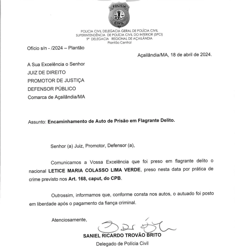 Prisão em flagrante de Letice Colasso