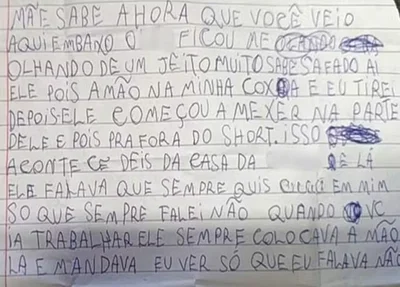 Bilhete escrito por criança que sofreu abuso de padrasto em Minas Gerais