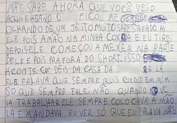 Bilhete escrito por criança que sofreu abuso de padrasto em Minas Gerais