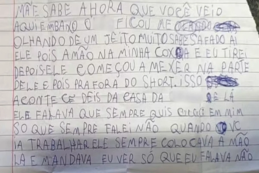 Bilhete escrito por criança que sofreu abuso de padrasto em Minas Gerais