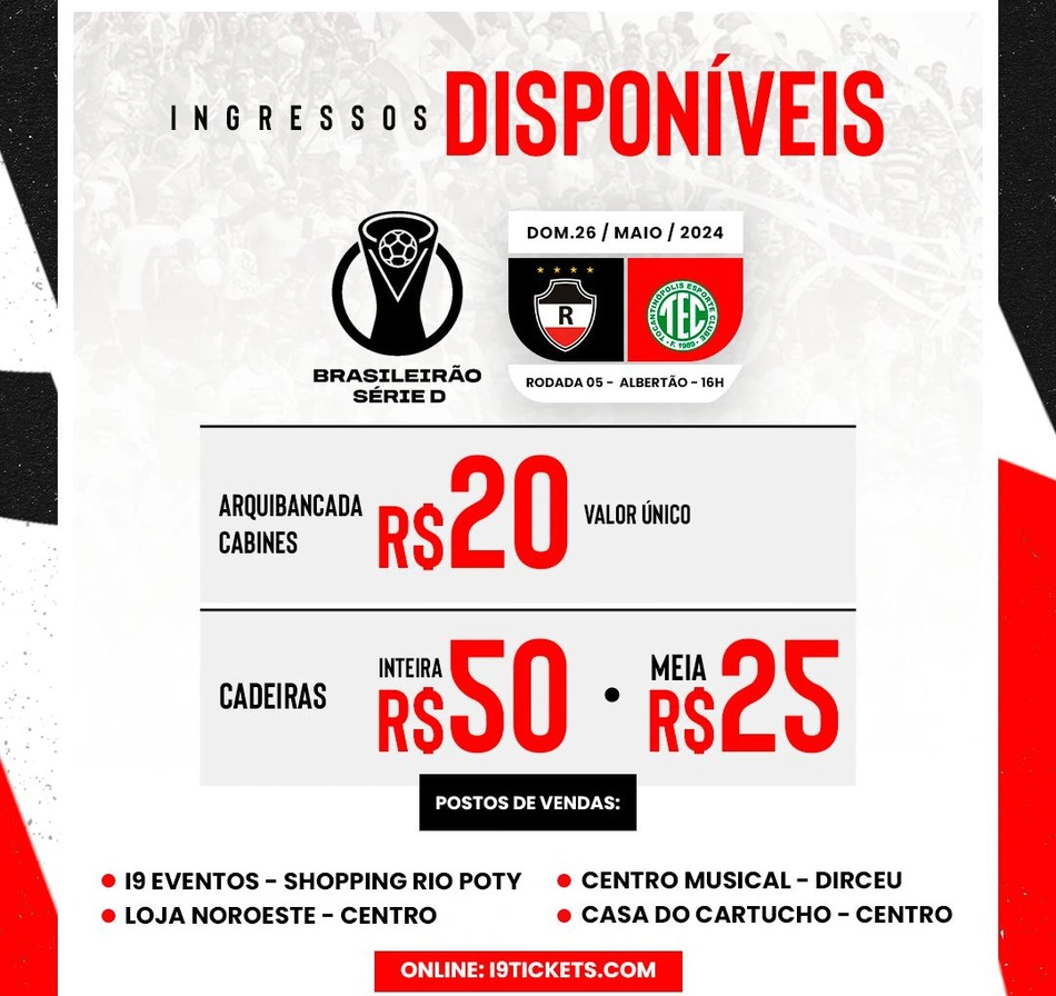 Confira os preços e locais de vendas do jogo entre River e Tocantinópolis, pela Série D 2024