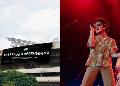 Do lado direito, o anúncio da produtora de Evento Live Nation Brasil e a esquerda o cantor Bruno Mars