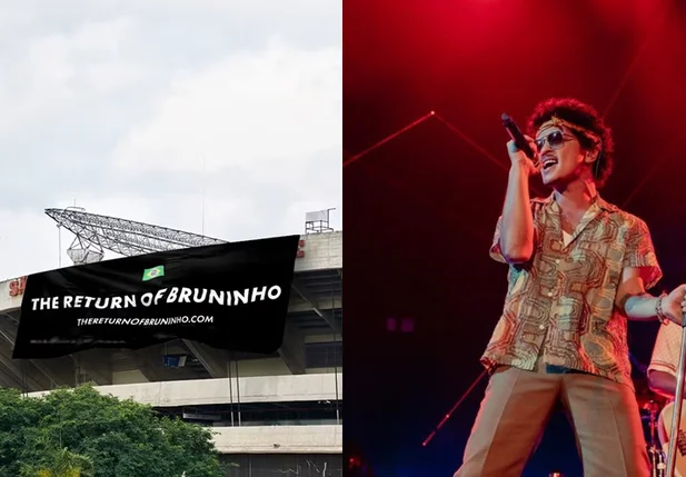 Do lado direito, o anúncio da produtora de Evento Live Nation Brasil e a esquerda o cantor Bruno Mars