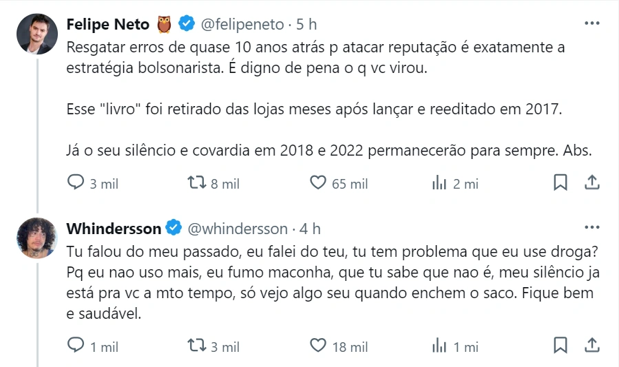 Felipe Neto e Whindersson Nunes discutiram nas redes sociais