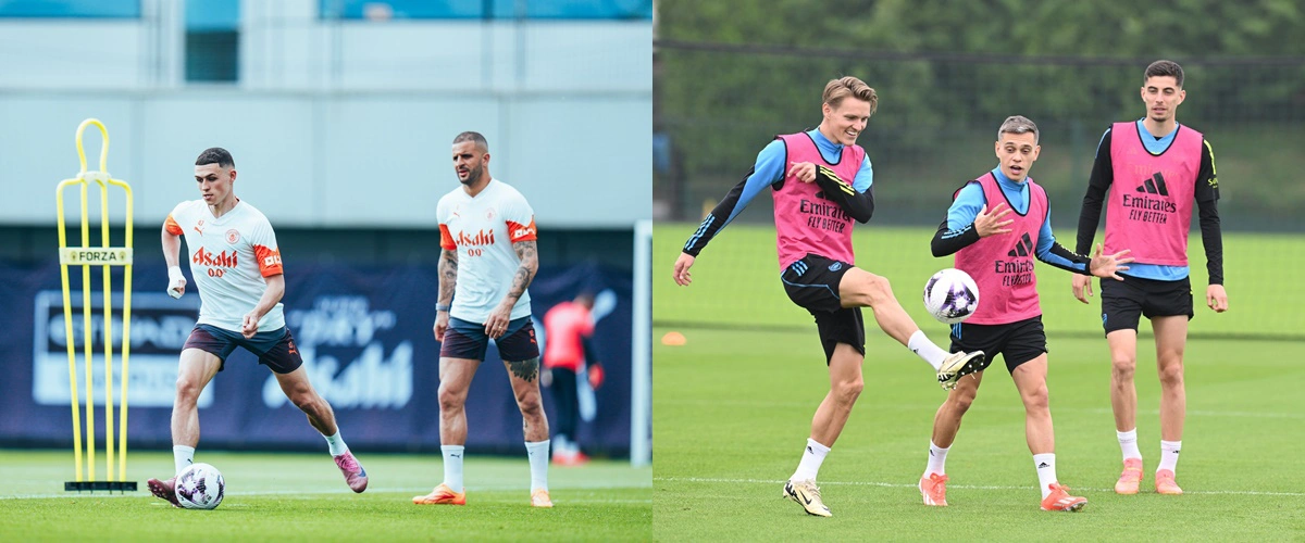 Manchester City e Arsenal em seus treinos para a última rodada, que acontece neste domingo (19)