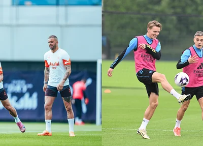 Manchester City e Arsenal em seus treinos para a última rodada, que acontece neste domingo (19)