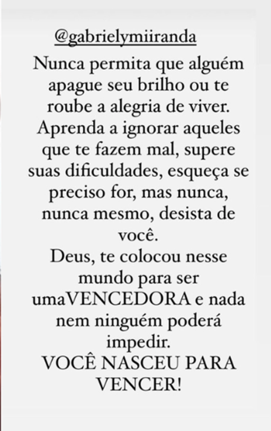 Mensagem publicada pela mãe de Gabriely no instagram