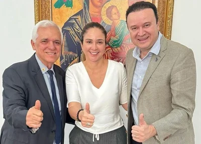 Pré-candidata a vereadora Lucy Soares (MDB) ao lado do governador em exercício Themístocles Filho (à esq.) e de Paulo Márcio (à dir.)