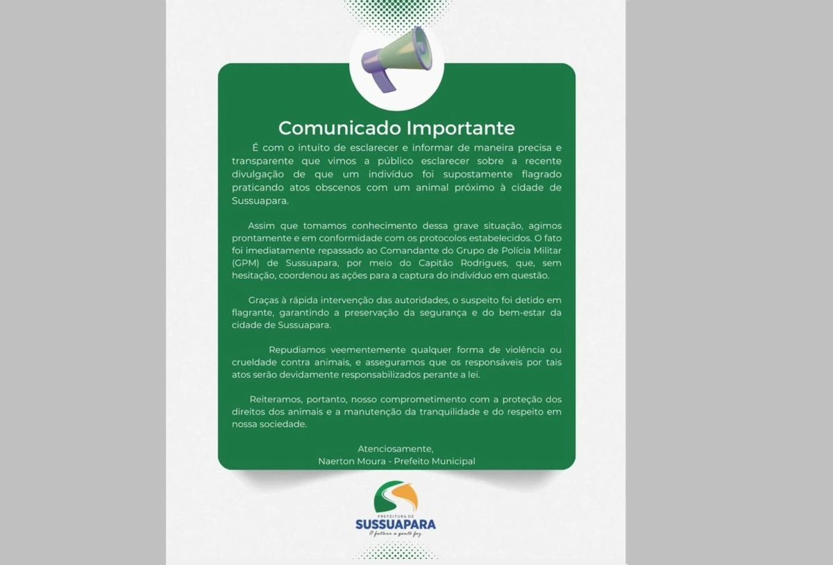 Prefeito de Sussuapara se manifestou sobre caso de zoofilia registrado no município