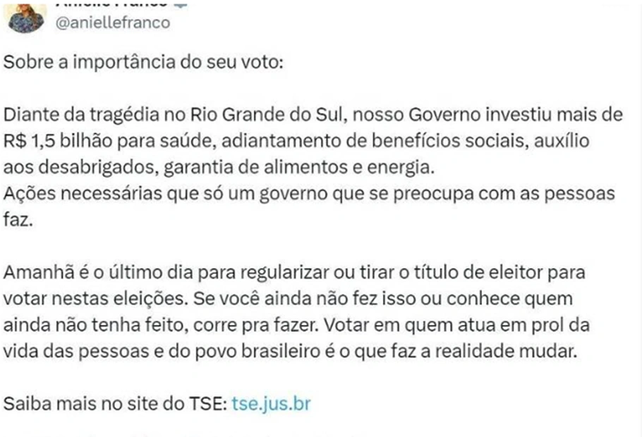 Publicação de Anielle Franco foi apagada