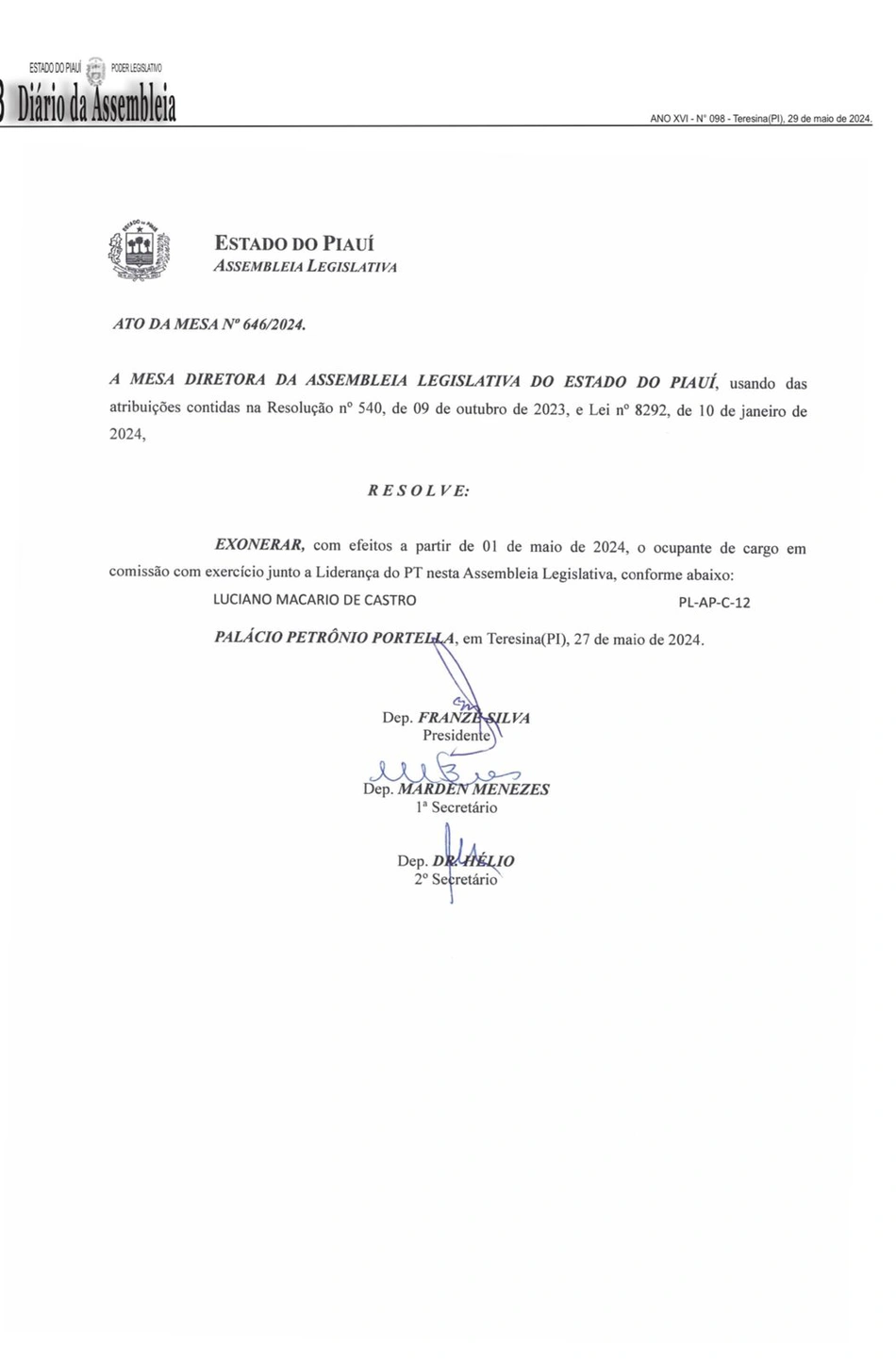 Exoneração de Luciano Macário de Castro
