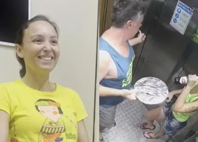 Luiz Marcelo Antonio Ormond segurando brigadeirão no elevador, ao lado da namorada Júlia Andrade Cathermol Pimenta, suspeita de envenená-lo