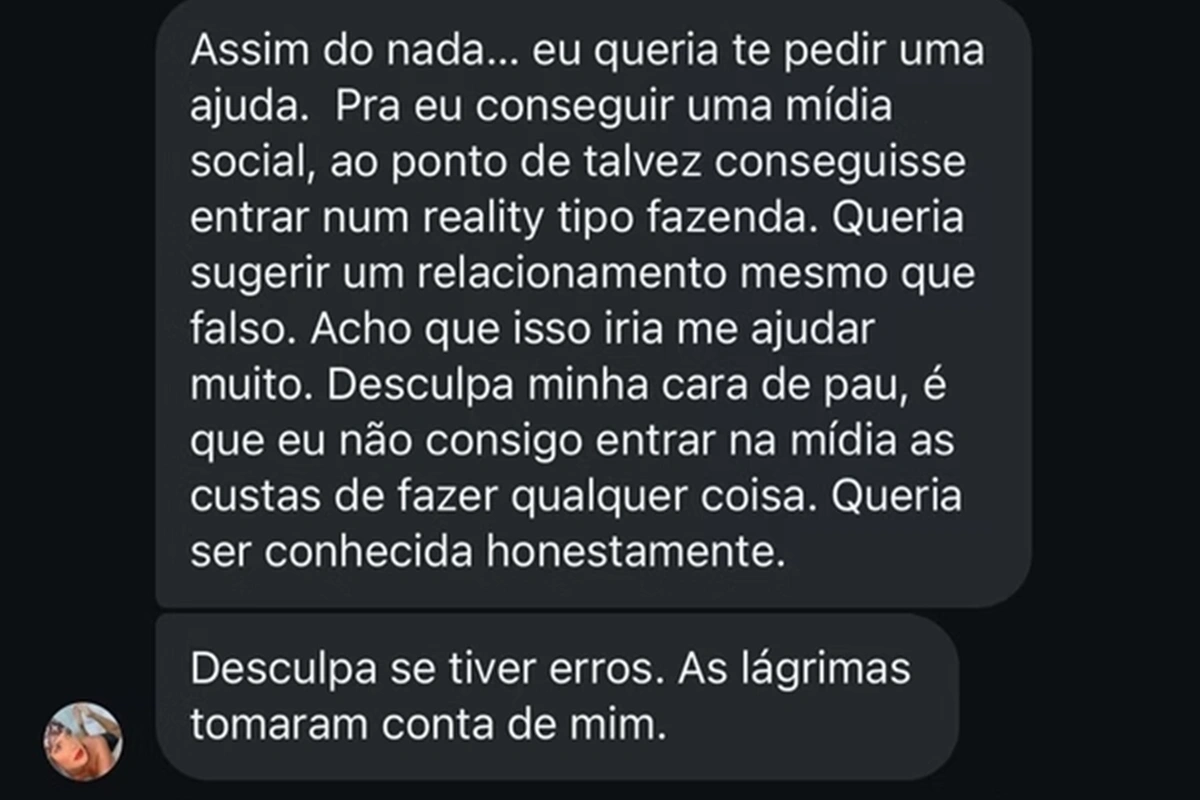 Alline Alves pediu para fingir um relacionamento com o apresentador