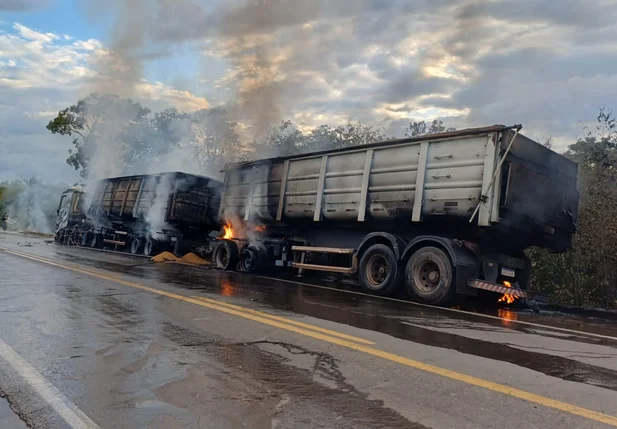 Carreta ficou completamente destruída no trecho da BR 343 em Capitão de Campos
