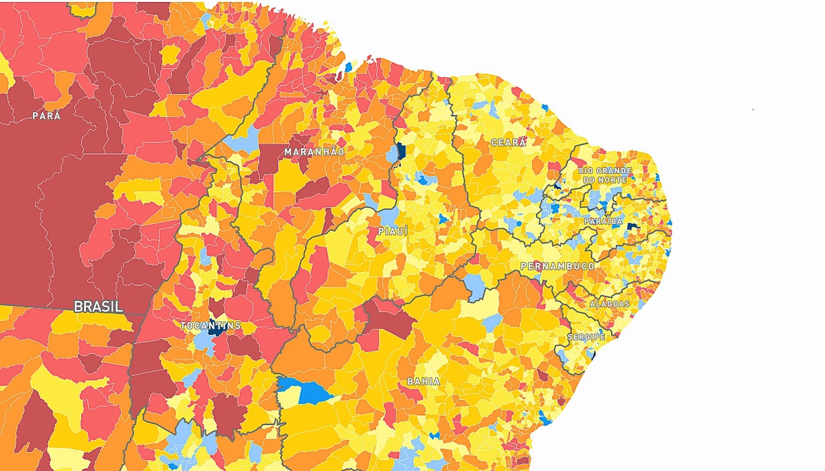 Cidades com a cor azul apresentam as melhores taxas do IPS no Piauí