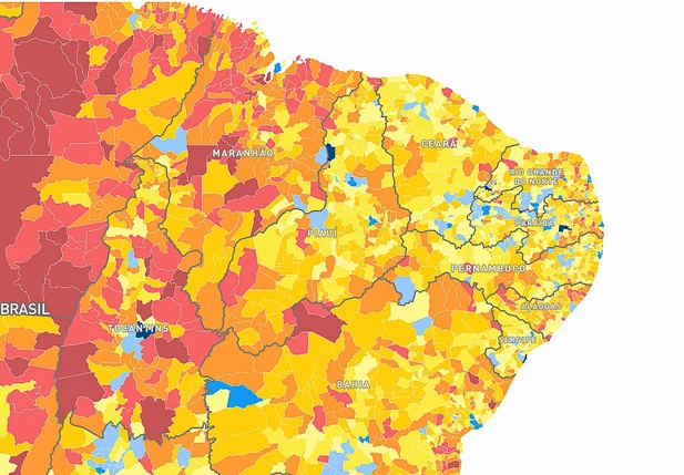 Cidades com a cor azul apresentam as melhores taxas do IPS no Piauí