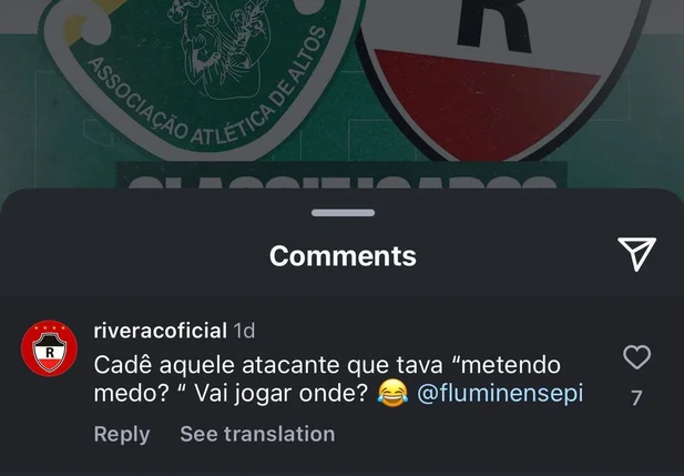 River comenta em publicação e provoca Flu-PI