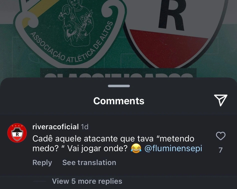 River comenta em publicação e provoca Flu-PI