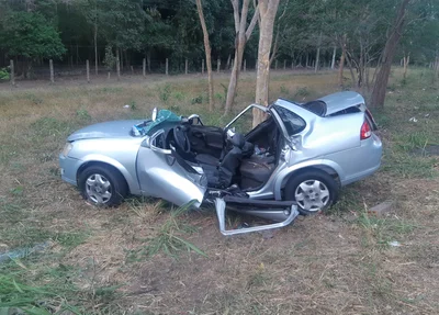 Carro ficou completamente destruído após colidir contra árvore na BR 343