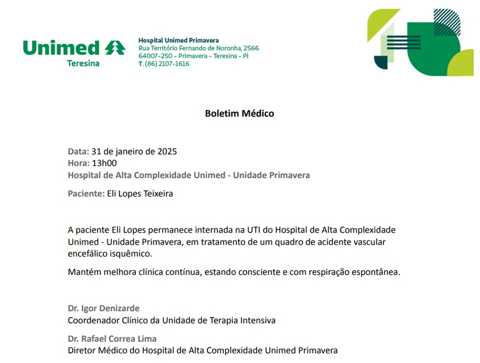 Boletim médico da jornalista Eli Lopes