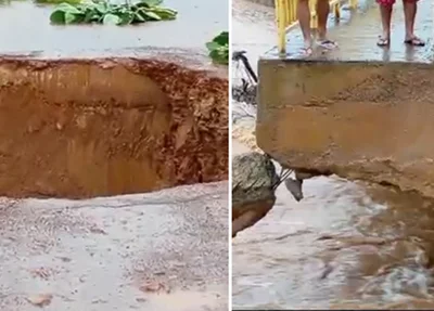 Parte de ponte na cidade de São Luís do Piauí cede após fortes chuvas