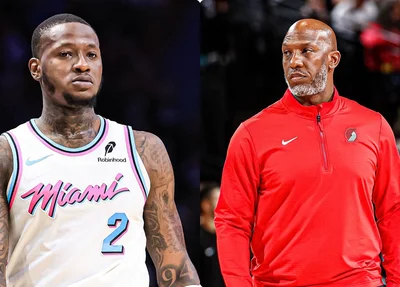 Armador Terry Rozier, do Miami Heat, e o técnico Chauncey Billups, do Portland Trail Blazers